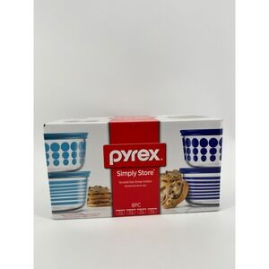 Pyrex Simply Store 8PC Decorated Glass Food Storage Set Blue Teal Dots Stripes